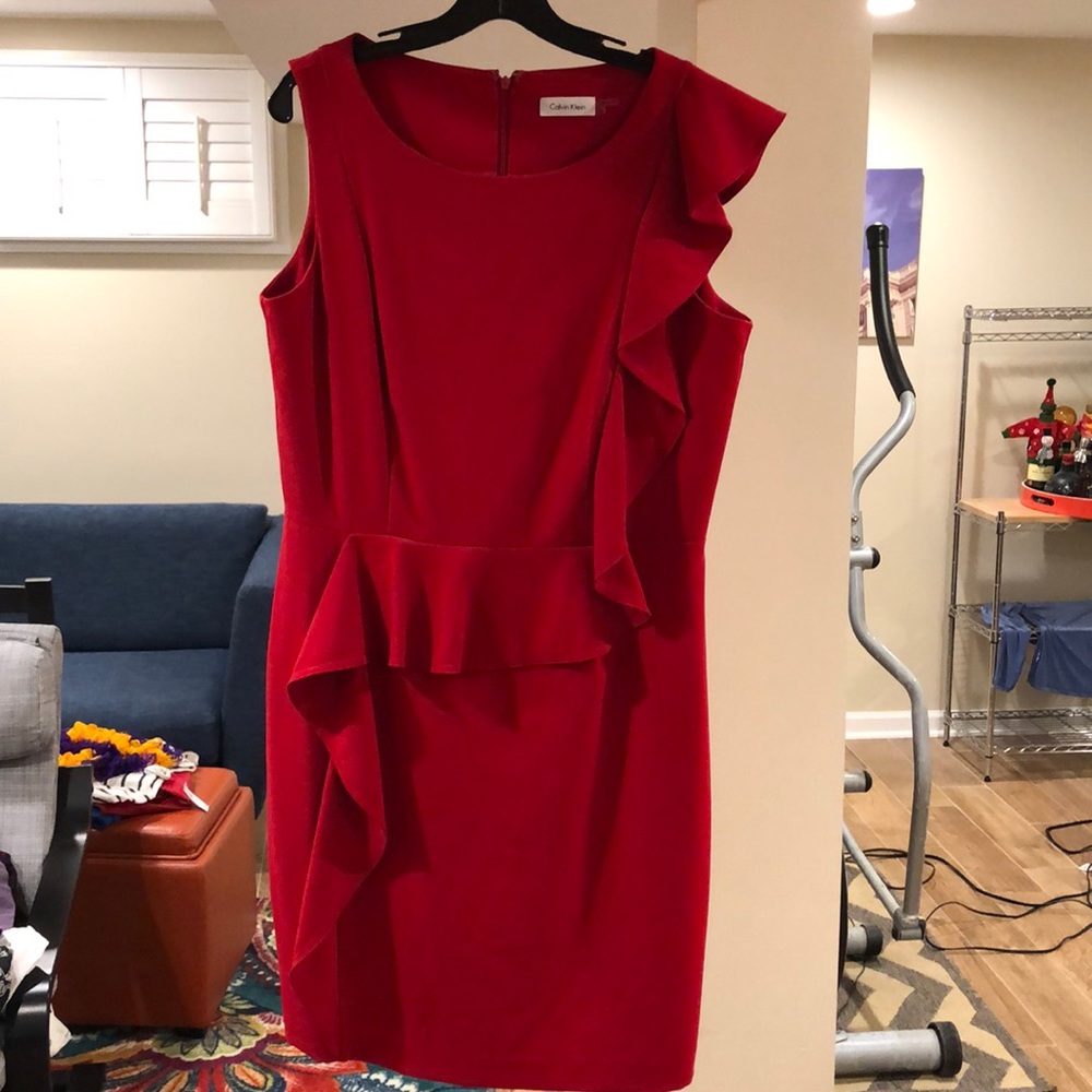 Calvin Klein red sheath with peplum ruffle